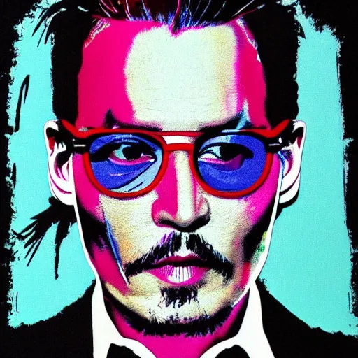 Prompt: johnny depp in a suit and tie with a creepy face, a screenprint by warhol, reddit contest winner, antipodeans, hellish, anaglyph filter, hellish background