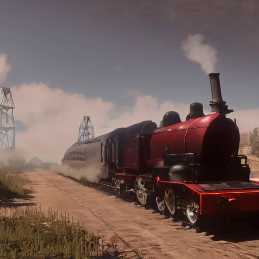 Image similar to futuristic sleek steam locomotive in red dead redemption 2