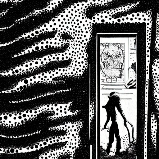 Prompt: close-up scene neighbor holding a drill and drilling holes in a room, all wall is drilled with holes, manga, black and white manga horror in style of junji ito, kentaro miura