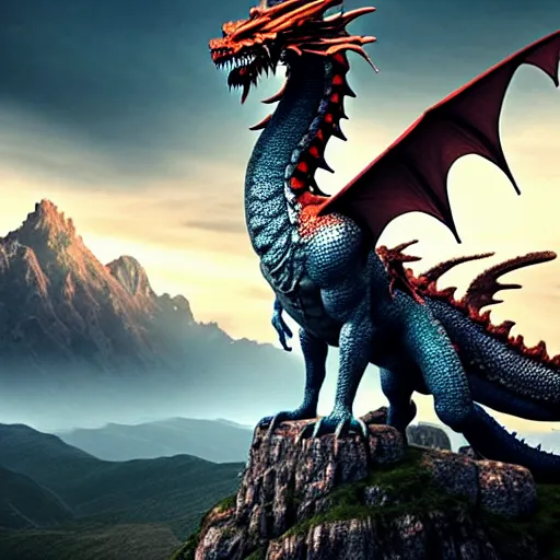 Prompt: giant dragon standing on a mountain, highly detailed, 4 k, hdr, award - winning, directed by zack snyder