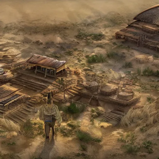 Prompt: extreme long shot of a sacred warrior isolated community living in an oasis in the middle of a large sand desert, digital painting, matte painting, highly detailed, art by mappa, art by kyoani, art by wit studio, art by studio bind