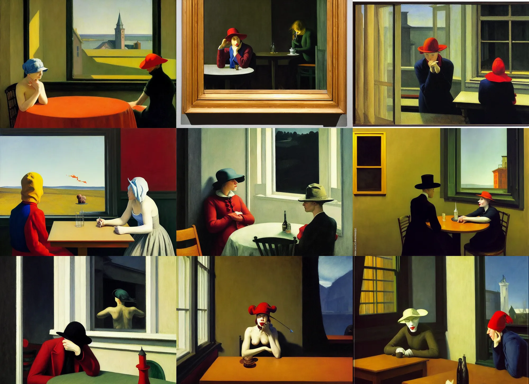 Prompt: masterwork, oil on canvas, melancholic and alone by edward hopper and andrew wyeth, mark ryden, jan matejko, depicts a jester's cap wearing lonely young jester woman, smoking cigarette, gaze towards the window of a bustling diner, far off shot from the other side of the street