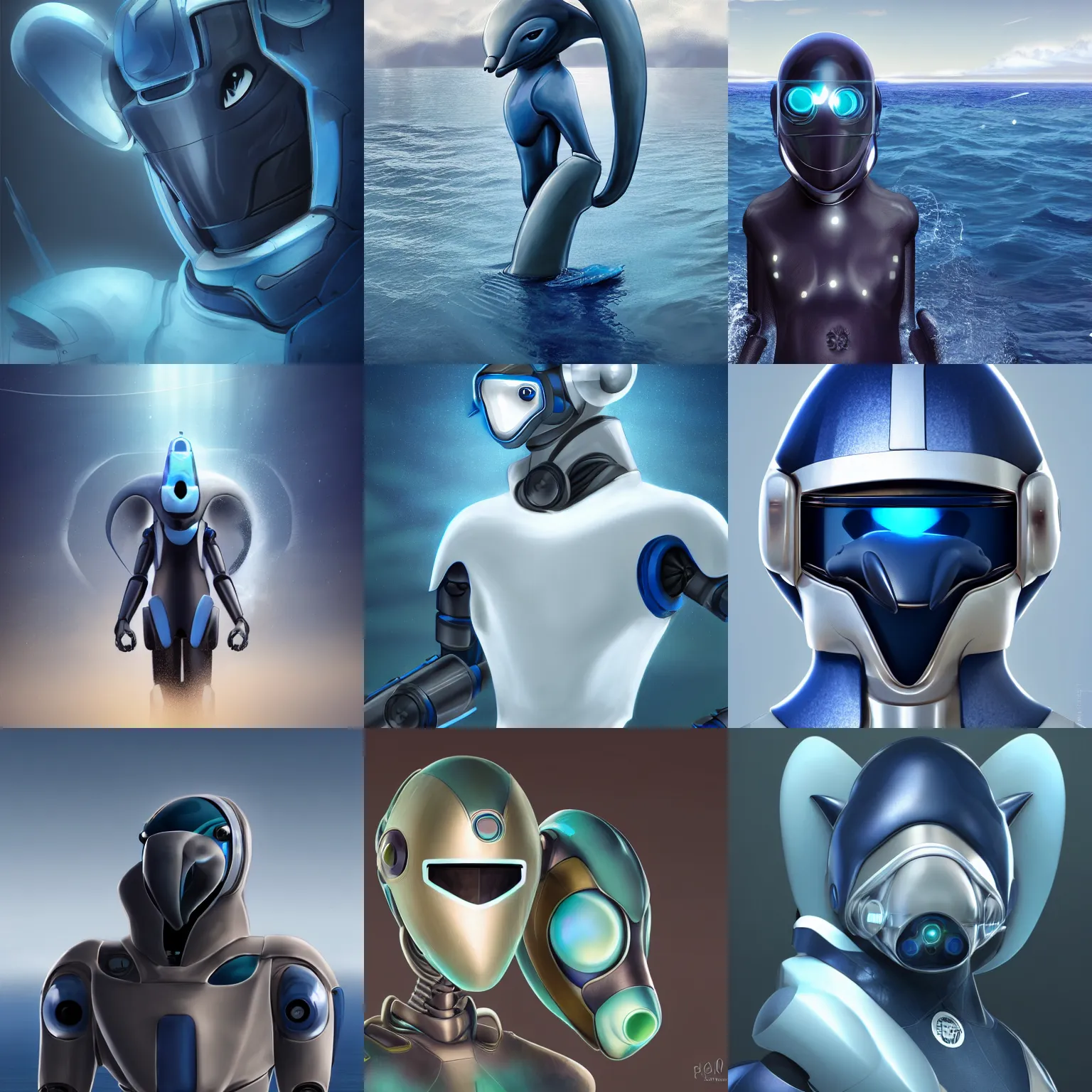 Prompt: very very beautiful furry art, male robotic anthro dolphin, synthetic cetacean hybrid android, face covered by dark opaque visor, wide bottlenose snout below visor, smooth round shapes, all dark blue metal, commission on furaffinity, cgsociety, octane render, sea in background