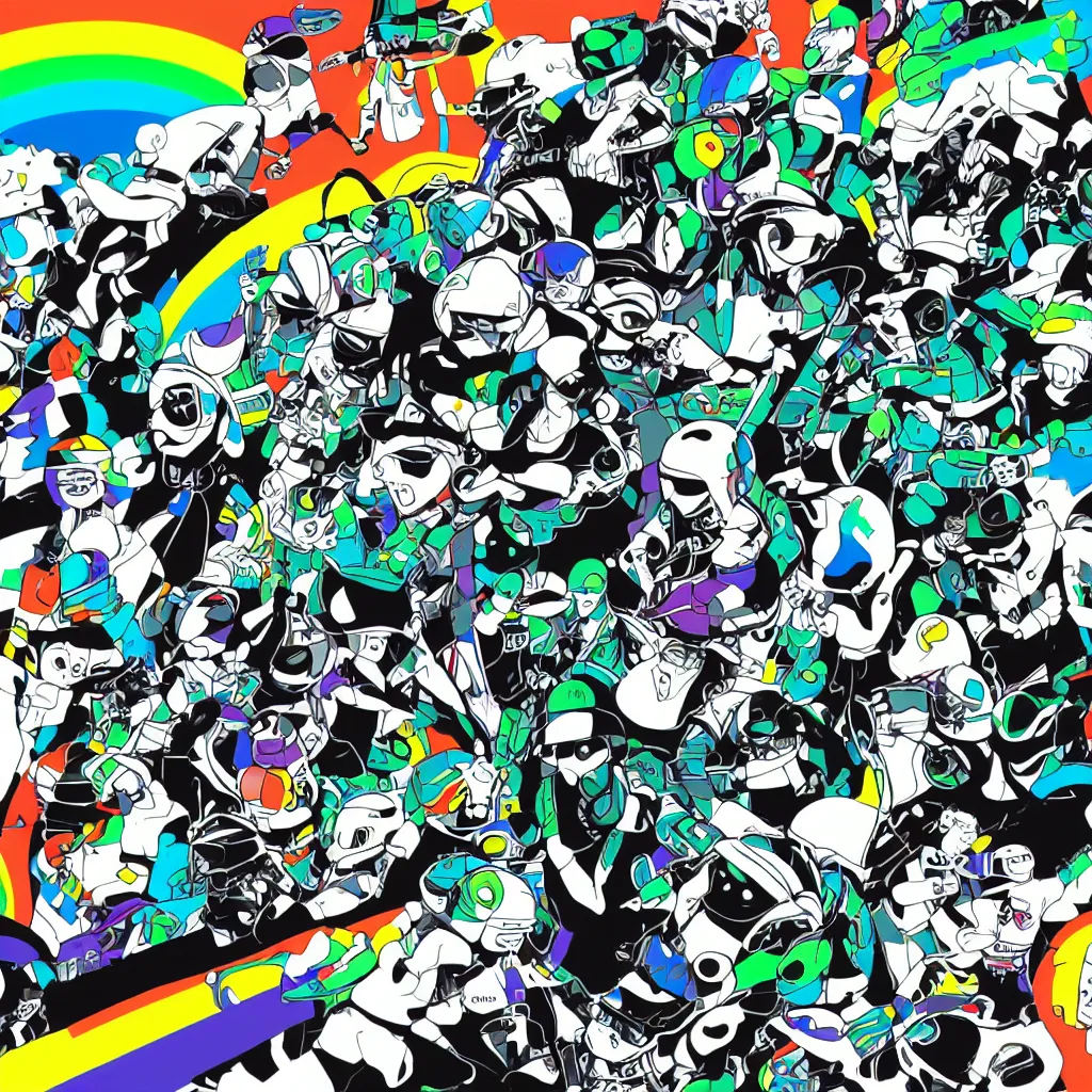 Image similar to people wearing helmets, ryuta ueda artwork, jet set radio artwork, stripes, gloom, space, cel - shaded art style, broken rainbow, data, minimal, speakers, code, cybernetic, dark, eerie, cyber