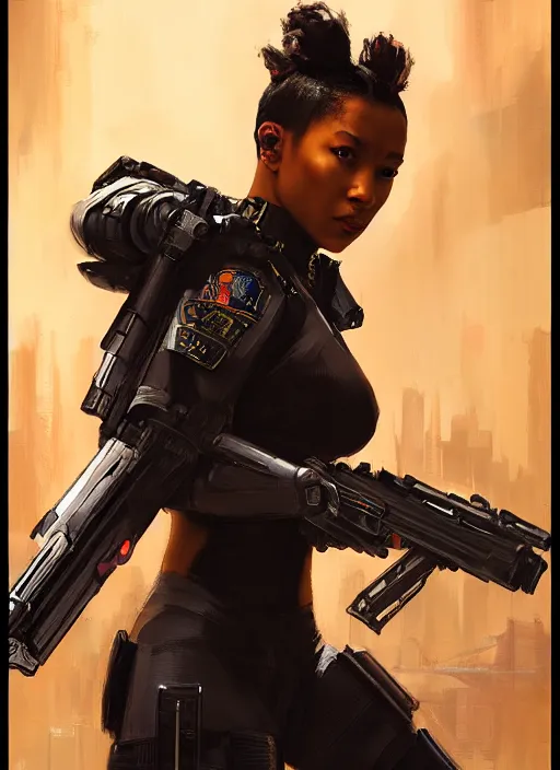 Image similar to black chun li. cyberpunk police trooper in a military vest ( blade runner 2 0 4 9, cyberpunk 2 0 7 7 ). orientalist portrait by john william waterhouse and james gurney and theodore ralli and nasreddine dinet, oil on canvas. cinematic, hyper realism, realistic proportions, dramatic lighting, high detail 4 k