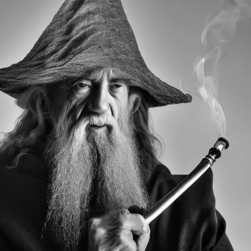 Image similar to a closeup black and white studio photographic portrait of gandalf smoking a long pipe, dramatic lighting