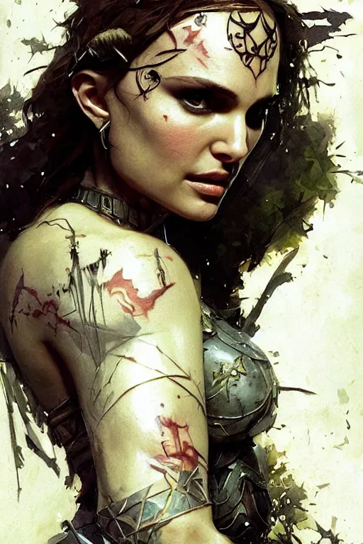 Image similar to natalie portman, warrior, lord of the rings, tattoos, decorated ornaments, by carl spitzweg, ismail inceoglu, vdragan bibin, hans thoma, greg rutkowski, alexandros pyromallis, perfect face, fine details, realistic shadeing