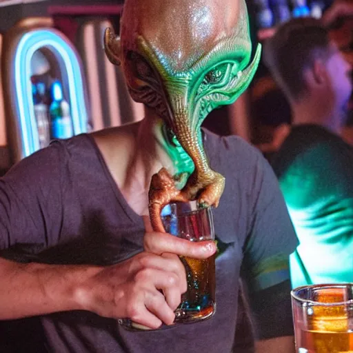 Prompt: Alien drinking at a bar