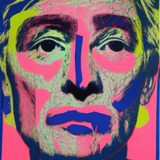 Image similar to portrait of abstract visual artificial intelligence face chromatic suit by Andy warhol and David Hockney, highly detailed