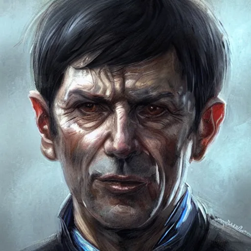 Image similar to Portrait of a man by Greg Rutkowski, he is about 60 years old, short black hair with bangs, his features are a mix between French, Turkish and Russian, expression of contempt, sorrow and resignation, he is wearing a futuristic tactical gear, highly detailed portrait, digital painting, artstation, concept art, smooth, sharp foccus ilustration, Artstation HQ.