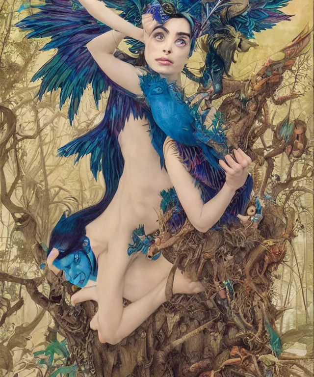 Image similar to a portrait photograph of a meditating fierce krysten ritter as a colorful harpy antilope super hero with blue skin with scales. she is being transformed into a tree. by donato giancola, hans holbein, walton ford, gaston bussiere, peter mohrbacher and brian froud. 8 k, cgsociety, fashion editorial