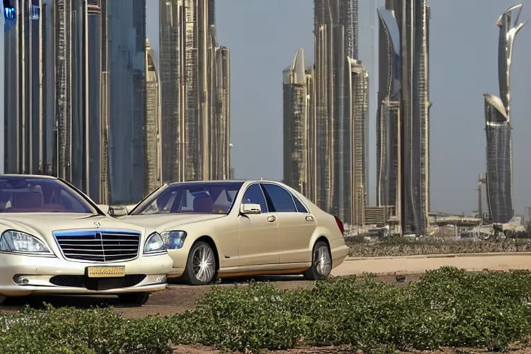 Image similar to gold Mercedes-Benz s500 long in the body 220 (w220) 2002 old year is on the roof of a high-rise building in abu dhabi