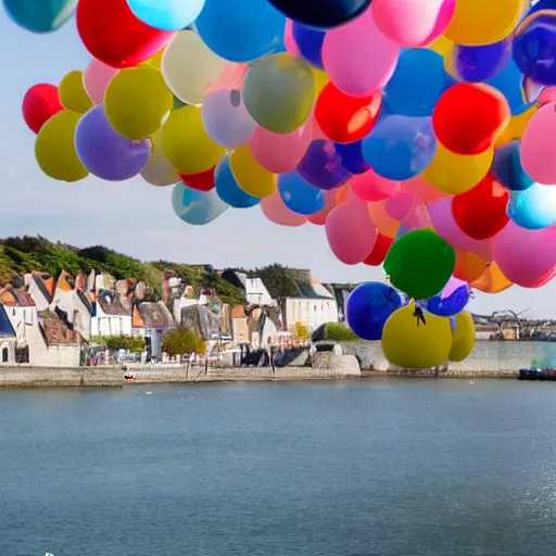 Prompt: photo of a lot of birthday balloons floating above a beautiful maritime port in bretagne. sharp focus, highly - detailed, award - winning, epic cinematic