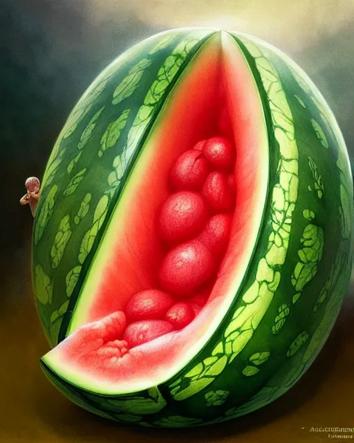 Image similar to a watermelon womb, baby in a transparent womb made of watermelon, gestation inside a watermelon, transparent, highly detailed, digital painting, artstation, concept art, smooth, sharp focus, illustration, art by artgerm and greg rutkowski and alphonse mucha