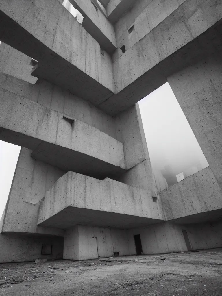 Image similar to High resolution black and white photograph with a 22 mm F/12.0 lens of a Brutalist architectural building in Bulgaria in the 1970s in the middle of a deserted nowhere while foggy and cloudy.