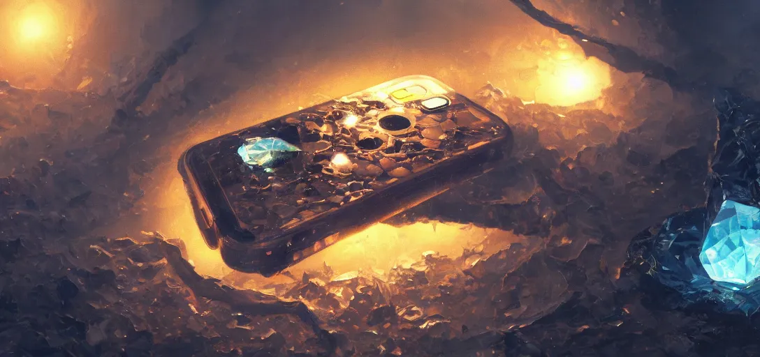 Image similar to wide angle shot of an iphone melted with a diamond, hd, volumetric lighting, 4 k, intricate detail, by jesper ejsing, craig mullins