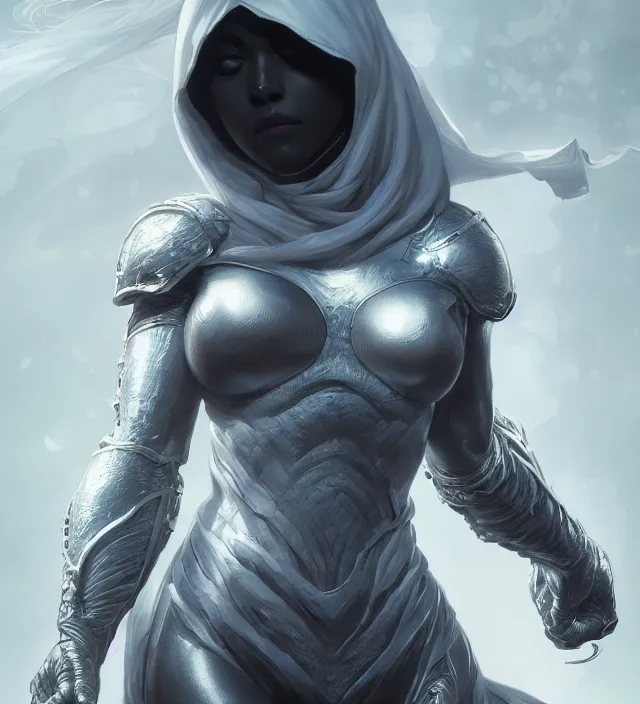 Image similar to female moon knight, hyper detailed, digital art, trending in artstation, cinematic lighting, studio quality, smooth render, unreal engine 5 rendered, octane rendered, art style by klimt and nixeu and ian sprigger and wlop and krenz cushart