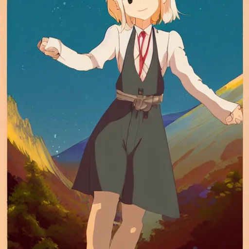 Prompt: a beautiful blond silver hair young woman standing on top of mount fuji in the style of Studio Ghibli and Makoto Shinkai