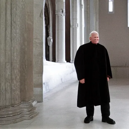 Image similar to john paul ii standing in church in a black puffed nuptse, black cargo pants and high black boots
