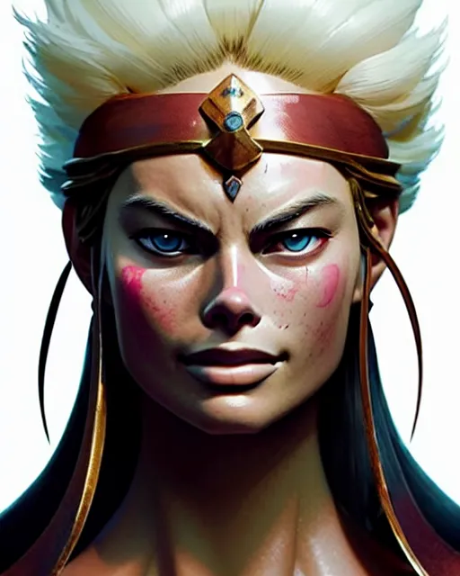 Image similar to azctec warrior, margot robbie, detailed perfect face, exquisite details, fire magic, mid view, design on a white background, by studio muti, greg rutkowski makoto shinkai takashi takeuchi studio ghibli