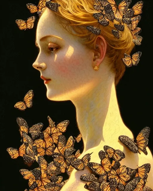 Prompt: statue of a woman, made of butterflies, spotlight, backlit, diffuse lighting, fantasy, intricate, elegant, highly detailed, lifelike, photorealistic, artstation, illustration, concept art, sharp focus, art by john collier and albert aublet and krenz cushart and artem demura and alphonse mucha