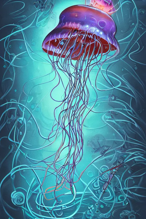 Image similar to a picture of mysterious colourful underwater jellyfish, being discovered by a man in a steampunk diving suit. water is deep aquamarine coloured. poster art by james jean, concept art, behance contest winner, very detailed, award - winning. lovecraftian, cosmic horror, bioluminescence.