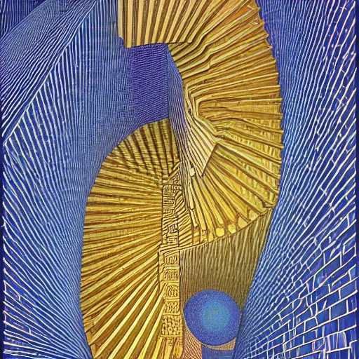 Image similar to crystal spiral stairways beyond possibility of imagining, many doors, inhabited on many levels, by Maurits Cornelis Escher, by jean giraud, shining light, clear geometry, architecture, Award winning. Masterpiece, detailed illustration