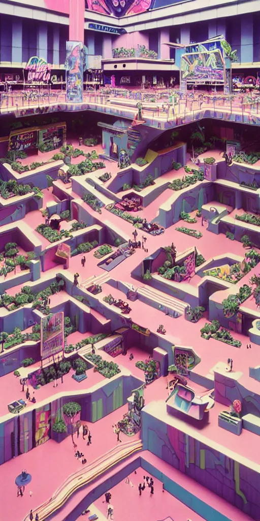 Image similar to huge sprawling gargantuan angular dimension of infinite indoor landscape 8 0 s mall interior. surrealism, mallsoft, vaporwave. muted colors, 8 0 s pop culture, food court, shot from above, endless, never - ending epic scale by escher and ricardo bofill