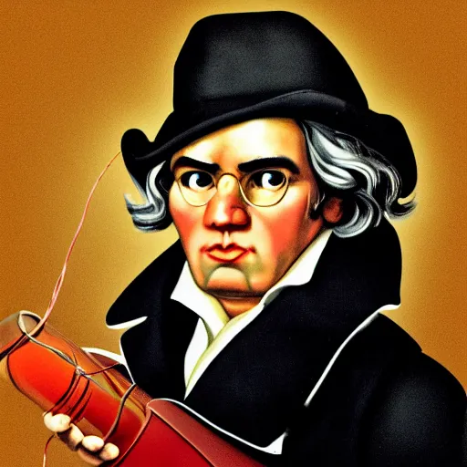 Prompt: beethoven with coke - bottle glasses and a cowboy hat