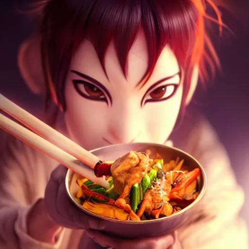 Prompt: movie still macro close photo of happy anonymous holding stirfry to face, by weta disney pixar greg rutkowski wlop ilya kuvshinov rossdraws artgerm octane render iridescent, bright morning, liosh, mucha