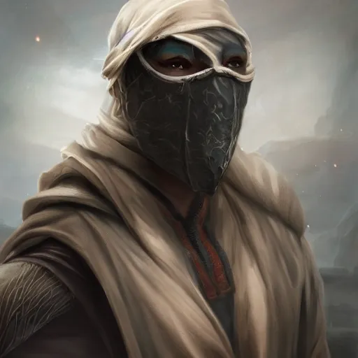 Prompt: a hyper realistic and detailed portrait of zum the planeswalker wearing a white marble mask, focus on face, mystic, mysterious, merchant collector, 8k, no skin, black eyes, trending on artstation, fog, masterpiece, in the style of Hou China