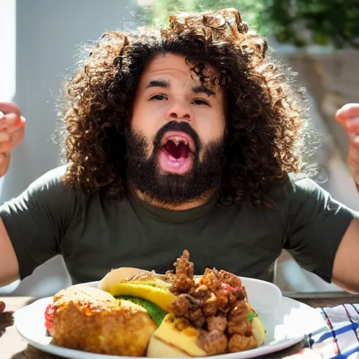 Prompt: curly haired mixed Hispanic with the biggest underbite looks in awe at a gigantic feast in front of him