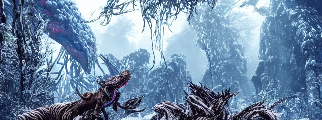 Image similar to large black sabretooth cheetah with shiny blue fish scales skin and silver lightning tail, walking in a dense alien snow covered frosty jungle, with snow covered colourful red, blue and purple plants, large vines, snow covered arched organic rock structures, in the style of monster hunter world, like concept art on artstation, hyperdetailed, vray render, octane render,