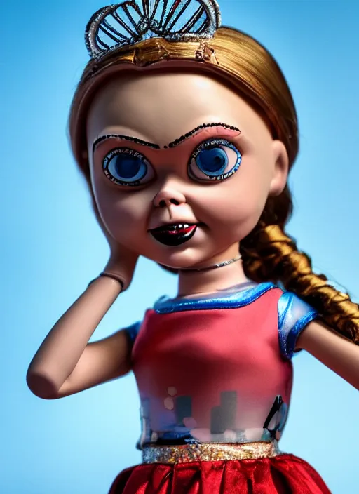Image similar to closeup face profile portrait of a tin toy greta thunberg as the bride of chucky as a fairytale princess wearing a crown, bikini, depth of field, zeiss lens, detailed, fashion photoshoot, by nicoletta ceccoli, mark ryden, lostfish, breathtaking, 8 k resolution, extremely detailed, beautiful, establishing shot, artistic, hyperrealistic, octane render
