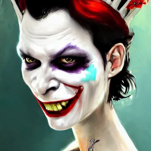 Image similar to joker as an attractive young smiling woman played by milla jovovich wearing a mushroom crown and heavy armoured wedding dress, face portrait, hd shot, digital portrait, elegant, beautiful, fantasy art, artstation, comic style, by artgerm, guy denning, jakub rozalski, magali villeneuve and charlie bowater