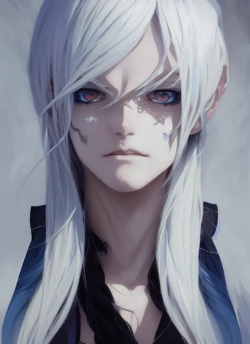 Image similar to highly detailed anime krenz cushart portrait art of a half skull face, white hair, black and blue eyes, white shirt, ross tran, vd, intricate, digital art, sharp focus, illustration, alphonse mucha