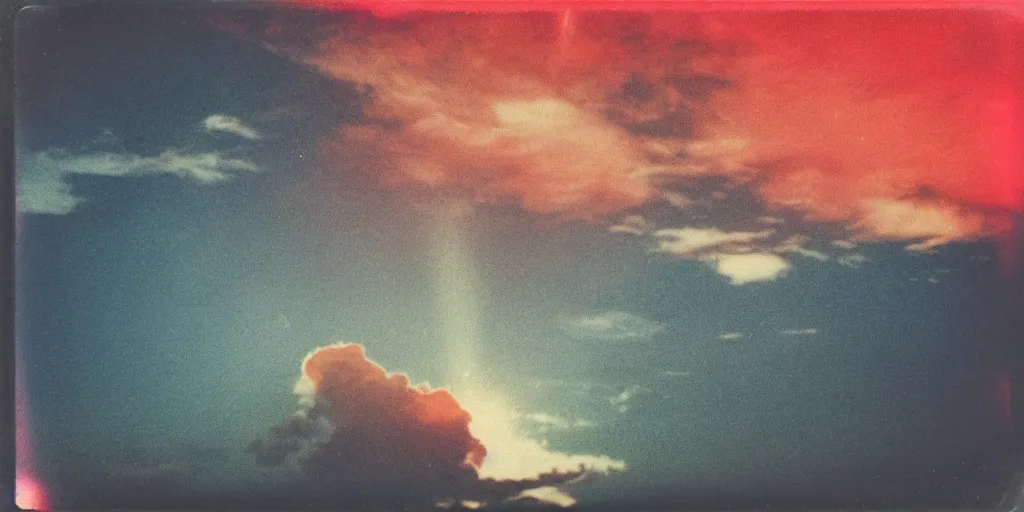 Prompt: analog polaroid photograph of the moon exploding in the sky, clouds visible, lensflare, film grain, azure sky tones, red color bleed