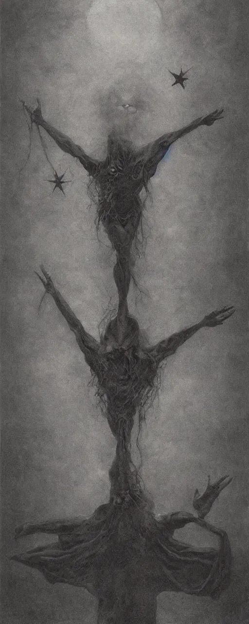 Image similar to Child summoning a demon, pentagram, dark house, painted by Zdzisław Beksiński