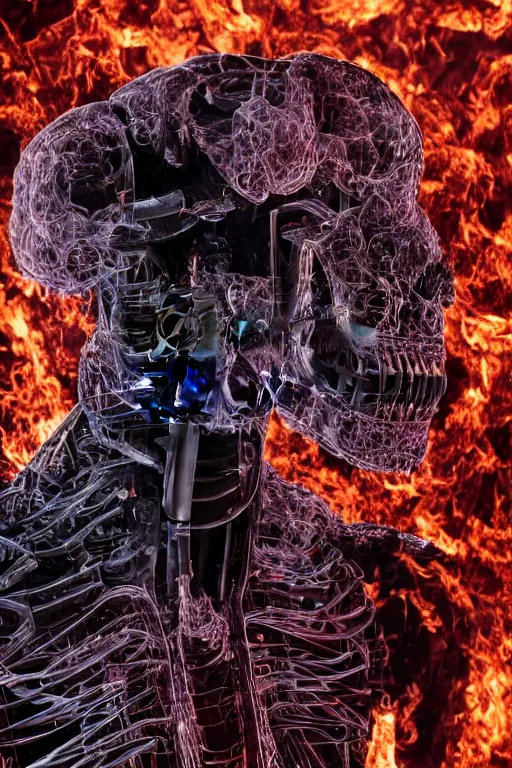 Image similar to detailed matte portrait of a t 8 0 0 endoskeleton shrouded in smoke and burning embers, intricate, elaborate, specular, chrome, reflection, chromatic aberration