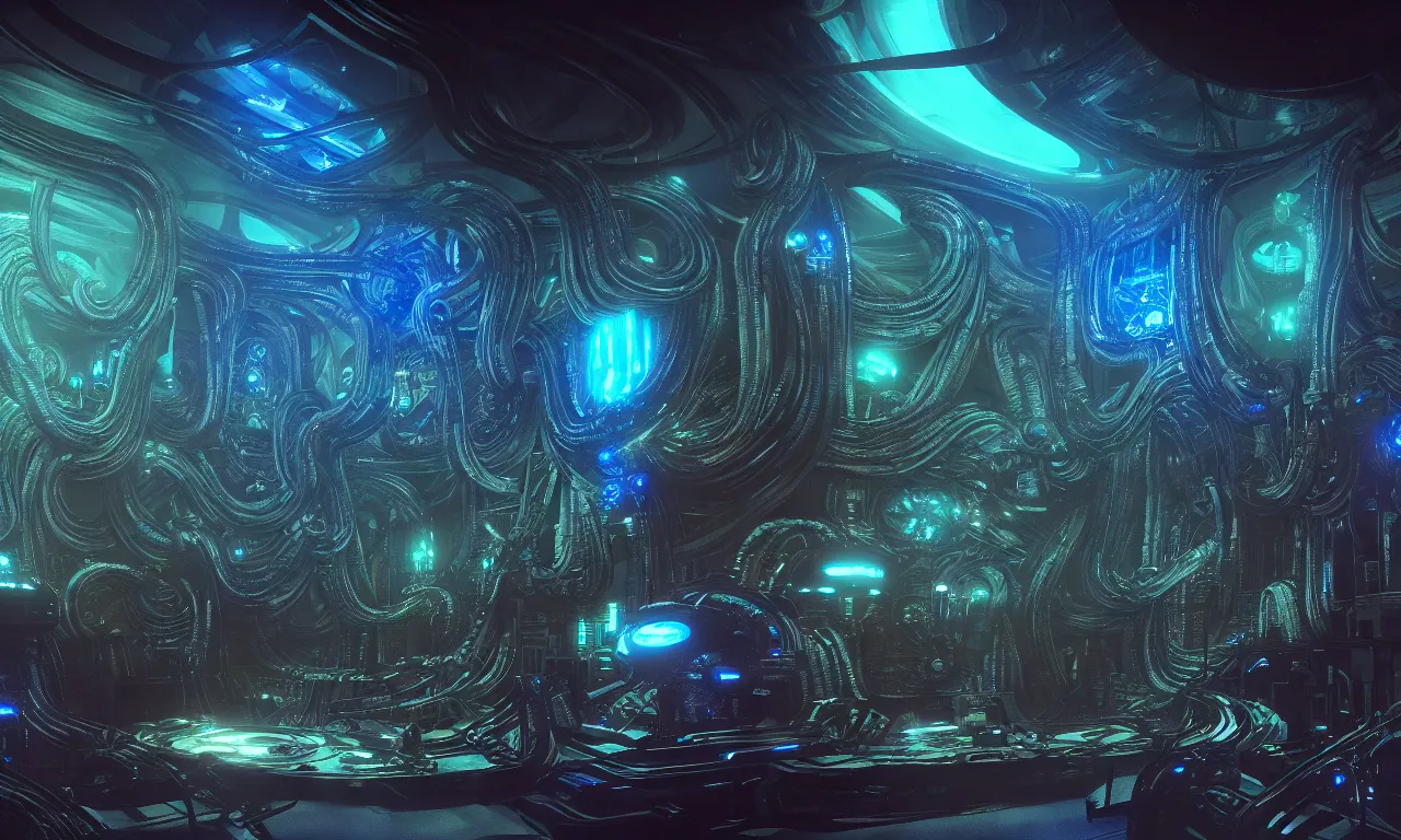 Image similar to Prometheus biological sci-fi environment set, glowing blue control panel, in a nightmarish universe of odd forms and somber tapestry, HR Giger and Vincent Di Fate, vivid color scheme, featured in artstation, octane render, cinematic, elegant, intricate, 8k