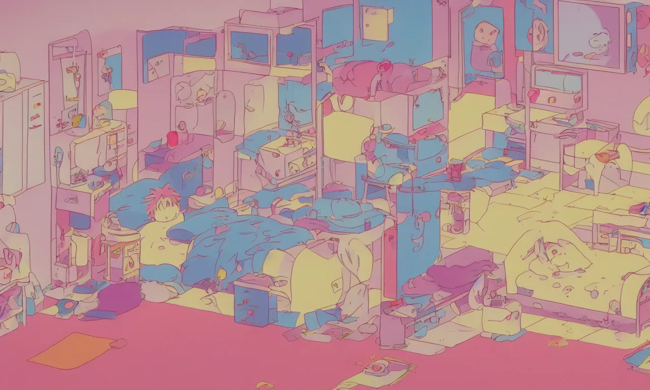 Image similar to A cute aesthetic still frame from an 80's or 90's anime bedroom