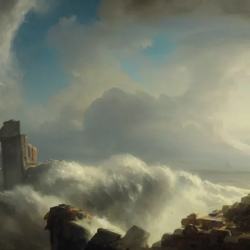 Prompt: Panorama view of a hurricane lifting the ruins of a bastion into a sea of clouds, flying island, oil painting, by Greg Rutkowski