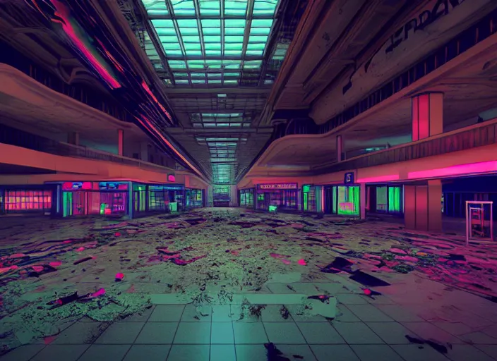 Image similar to inside a huge abandoned mall with high contrast neon lights, highly detailed, 8 k, hdr, award - winning, octane render, trending on artstation, volumetric lighting