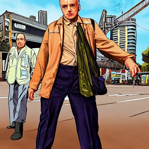 Prompt: Rik Mayall in GTA VI, cover art by stephen Bliss