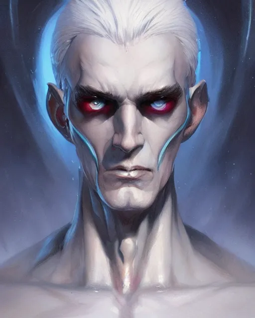 Image similar to character portrait of a slender half eldar man with white hair, piercing blue eyes, and pale bluish skin, by greg rutkowski, mark brookes, jim burns, tom bagshaw, trending on artstation