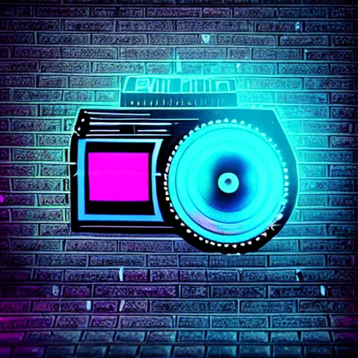 Image similar to DSLR 1980s Ghetto Blaster, Neon, Retrowave