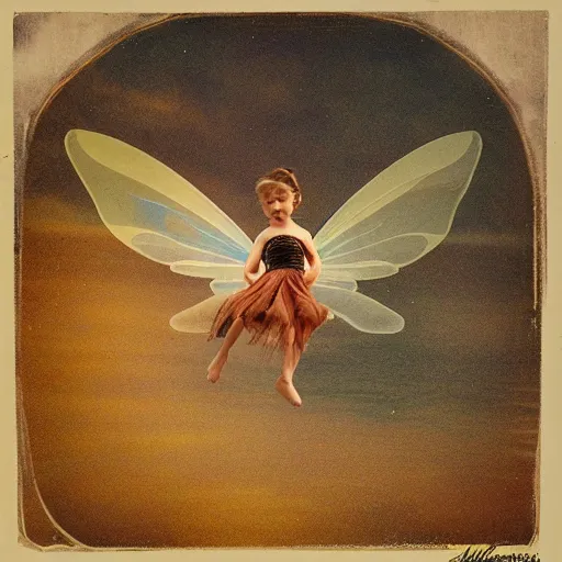 Prompt: flying fairy with wings timidly tipping toe into the center of a lake