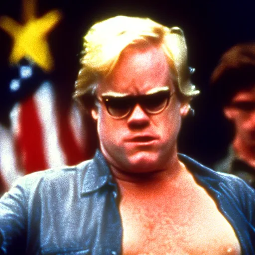 Prompt: philip seymour hoffman is donald trump, platoon ( 1 9 8 6 ), cinematic shot