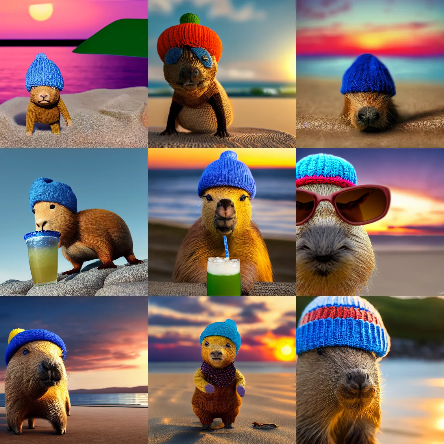 Prompt: a photorealistic photograph of a knitted cute Capybara wearing sunglasses and dressed a blue beanie cap. The subject is sipping a refreshing Mai Tai drink cocktail at the beach during sunset. This 4K HD image is Trending on Artstation, featured on Behance, well-rendered, extra crisp, features intricate detail and is in the style of Unreal Engine.