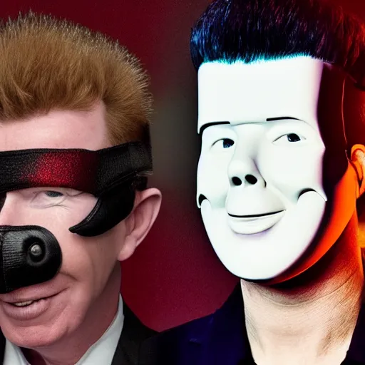 Image similar to rick astley with a slipknot mask